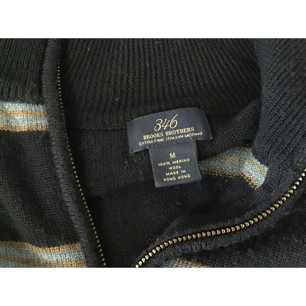 346 Brooks Brothers Navy Striped Extra Fine Italian Merino Wool 1/4 Zip Sweater